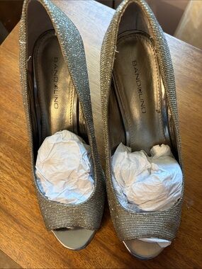 Bandolino Metallic Peep-Toe Wedge Heels in Silver and Gold